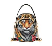 Shoulder Purse Handbag Tiger Red Roses Quilted Phone Wallet Chain Strap Purse Cute Zipper Satchel Crossbody Tote, 5.9" × 8.3" × 3.1"