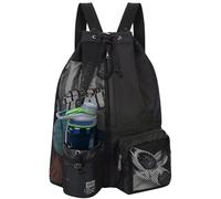 Shoulder Soccer Ball Backpacks Drawstring Beach Storage Backpacks with Wet Pockets Thickened Mesh for Outdoor Sports (Black)