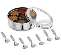 Shourya Trading Stainless Steel Spice box with Non Breakable Transparent glass,Stainless Steel Spice Box with 7 container and 7 Small Spoons,Spice Box,Size 12 No,Color-Silver
