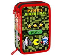 Shout | 3 Compartment Pencil Case for Boy or Girl from Primary School, Complete Pencil Case with 44 Pieces Three Zip with Pen Holder, Pixel Gaming, Pencil case 3 zip 44 pcs