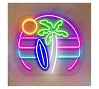 SHOUXI Sign Lamp Beach Sunset Neon Sign Palm Tree Wall Art Decor Tropical Surfboard Game Room Decor Summer Bar Beer Sign Coastal Theme Tiki 38cmx35cm(A)