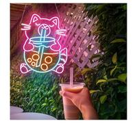 SHOUXI Sign Lamp Bubble Tea Cat Neon Sign with Adjustable Brightness Suitable for Boba Tea Shop Wall Decor 38cmx48cm(B)