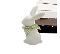 Shouxiut Easter Bunny Ceramics Figurines,Porcelain Rabbit Sculpture Decor,Decorative White Ceramic Bunny Figurine With Green Gingham Bow,Cute Ceramic Rabbit Ornament Home Decoration