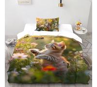 SHOVERKD 3D Printed Cat Garden Butterfly Touch Duvet Cover Cute Animal Bedding Set 2Pcs Soft Microfiber with Pillowcases,Hidden Zipper for Teens And Adults Single（135x200cm） Room Decor