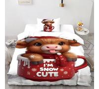 SHOVERKD 3D Printed Christmas Highland Cow Duvet Cover Wildlife Land Animal Bedding Set 2 Pieces Luxury Microfiber with Pillowcases,Hidden Zipper for Kid Teens Single（135x200cm） Room Decor