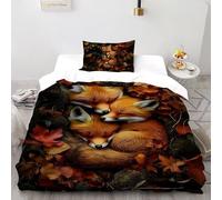 SHOVERKD 3D Printed Fall Leave Fox Trio Duvet Cover Wildlife Forest Animal Bedding Set 2Pcs Luxury Microfiber with Pillowcases,Hidden Zipper for Junior Collection Single（135x200cm） Room Decor