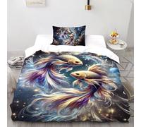 SHOVERKD 3D Printed Galaxy Fish Pisces Quilt Cover Ocean Wild Animal Bedding Set 2Pcs Soft Microfiber with Pillowcases,Hidden Zipper for Boys And Girls Single(135x200cm) Idea