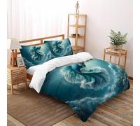 SHOVERKD 3D Printed Green Fighting Fish Duvet Cover Marine Wild Animal Bedding Set 3Pcs Luxury Microfiber with Pillowcases,Hidden Zipper for Junior Collection King（220x240cm） Room Decor