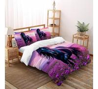 SHOVERKD 3D Printed Lavender Field Black Horse Duvet Cover Wildlife Land Animal Bedding Set 3Pcs Luxury Microfiber with Pillowcases,Hidden Zipper for Kid Teens Super King(260x220cm) Idea