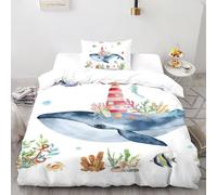 SHOVERKD 3D Printed Lighthouse Whale Duvet Cover Ocean Wild Animal Bedding Set 2 Pieces Soft Microfiber with Pillowcases,Hidden Zipper for Kid Teens Single(135x200cm) Idea