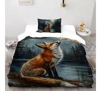 SHOVERKD 3D Printed Moon Snow Night Fox Quilt Cover Wildlife Forest Animal Bedding Set 2 Pieces Luxury Microfiber with Pillowcases,Hidden Zipper for Kid Teens Single(135x200cm) Room Decor