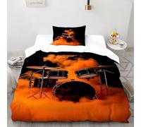SHOVERKD 3D Printed Orange Smoke Black Drum Set Quilt Cover Music Bedding Set 2Pcs Luxury Microfiber with Pillowcases,Hidden Zipper for Boys and Girls Single(135x200cm) Room Decor