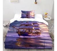 SHOVERKD 3D Printed Purple Enchanted Schooner Quilt Cover Vehicle Bedding Set 2 Pcs Luxury Microfiber with Pillowcases,Hidden Zipper for Boys And Girls Single(135x200cm) Room Decor