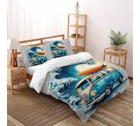 SHOVERKD 3D Printed Surf Bus Freedom Duvet Cover Vehicle Bedding Set 3Pcs Luxury Microfiber with Pillowcases,Hidden Zipper for Teens And Adults Double（200x200cm） Room Decor