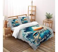 SHOVERKD 3D Printed Surf Bus Freedom Duvet Cover Vehicle Bedding Set 3Pcs Soft Microfiber with Pillowcases,Hidden Zipper for Junior Collection King（220x240cm） Room Decor