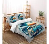 SHOVERKD 3D Printed Surf Bus Freedom Duvet Cover Vehicle Bedding Set 3Pcs Soft Microfiber with Pillowcases,Hidden Zipper for Kid Teens Super King（260x220cm） Modern Home Decor