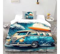 SHOVERKD 3D Printed Surf Bus Freedom Quilt Cover Vehicle Bedding Set 2Pcs Soft Microfiber with Pillowcases,Hidden Zipper for Kid Teens Single（135x200cm） Idea