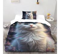 SHOVERKD 3D Printed White Fluffy Cat Quilt Cover Cute Animal Bedding Set 2 Pieces Soft Microfiber with Pillowcases,Hidden Zipper for Kid Teens Single（135x200cm） Modern Home Decor