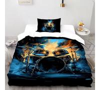 SHOVERKD Flame Smoke Black Drum Set Bedding Set 3D Printed Music Theme Duvet Cover Set 2 Pieces Microfiber Quilt Cover Suitable for Boys & Girls with Pillowcase Single(135x200cm)