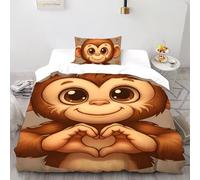 SHOVERKD Monkey Heart Gesture Smile Bedding Set 3D Printed Wildlife Land Animal Theme Duvet Cover Set 2 Pieces Microfiber Comforter Cover for Family,couple,children with Pillow Single（135x200cm）