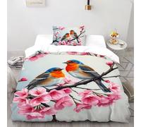 SHOVERKD Robin 3D Printed Quilt Cover Set Bedding 2Pcs Soft Microfiber Spring Birds Cute Animals with Pillowcases,Hidden Zipper for Boys And Girls Single（135x200cm） Modern Home Decor