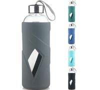 SHOW INGENUITY 1000ml Borosilicate Glass Water Bottle BPA Free Reusable Glass Drinking Bottle with Silicone Sleeve and Stainless Steel Lid