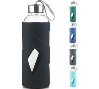 SHOW INGENUITY 1000ml Borosilicate Glass Water Bottle BPA Free Reusable Glass Drinking Bottle with Silicone Sleeve and Stainless Steel Lid