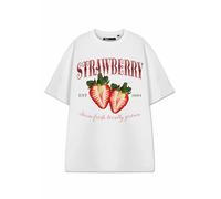 Show Me The Merch Strawberry Women's White Short-Sleeved T-Shirt | Graphic Tee with Strawberry Design | Trendy Fruit Print Top | Summer Fashion Apparel for Women