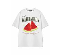 Show Me The Merch Watermelon Women's White Short-Sleeved T-Shirt | Graphic Tee with Watermelon Design | Trendy Fruit Print Top | Summer Fashion Apparel for Women