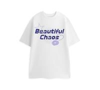 Show Me The Merch Womens White Graphic Tee | Beautiful Chaos Cartoon Print Short Sleeve Top | Motivational Slogan Streetwear T-Shirt Small