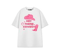 Show Me The Merch Women's White Graphic Tee | Hey There Cowboy Short Sleeve T-Shirt | Western Style Apparel | Vintage Retro Design | Casual Top for Ladies