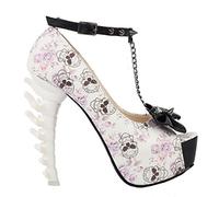 SHOW STORY Purple Skull Rose Print Studs Bow Chain Peeptoe Ankle Strap Platform Dinosaur Bone Rough 5" Pumps,LF80631PP36,3UK,Purple