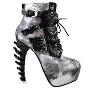 SHOW STORY Silver Punk Design High Heels Ink And Wash Pattern Women's High-top Bone High Heel Platform Ankle Boots,LF80648CG36,3UK,Silver