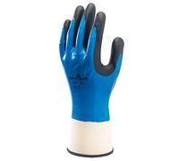 SHOWA 377 Waterproof Nitrile Work Gloves, 1 Pair, Fully Coated Oil Resistant Foam Nitrile Grip, EN388 4121X, Blue/Black - for Mechanics, Engineering, Masonry & Oily Handling (Small 6/S)