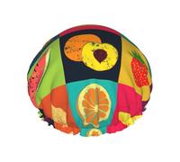 Shower Art Style Fruit Print Cap For Women Reusable Waterproof, Double Layered Shower Hair Cap With Elastic Strap,One Size