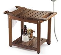 Shower Bench Stool with Storage Shelf, Wooden Seat Stool for Bathroom, Bathroom Bench Seat for Adults (2 Tier - Walnut)