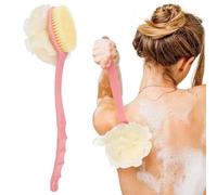 Shower Body Brush with Bristles and Loofah, Double Sided Body Brushes Back Scrubbers Bath Dry Brush Mesh Sponge with Curved Long Handle for Men and Women (Dark Pink)