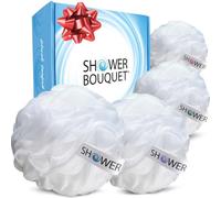 SHOWER BOUQUET Loofah Soft-White-Cloud XL Bath-Sponge 4-Pack // Extra Large 75g Mesh Loofa Lufa Pouf Set for Men and Women - Exfoliate with Big Gentle Cleanse Scrubber in Beauty Bathing Accessories