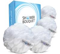SHOWER BOUQUET Loofah Soft-White-Cloud XL Bath-Sponge 4-Pack // Extra Large 75g Mesh Loofa Lufa Pouf Set for Men and Women - Exfoliate with Big Gentle Cleanse Scrubber in Beauty Bathing Accessories