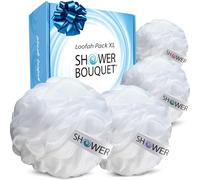 Shower Bouquet Loofah Soft-White-Cloud XL Bath-Sponge 4-Pack // Extra Large 75g Mesh Loofa Lufa Pouf Set for Men and Women - Exfoliate with Big Gentle Cleanse Scrubber in Beauty Bathing Accessories