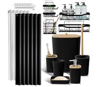 Shower Caddy and Bathroom Accessories Set 25PC Bathroom Accessory Set with Shower Shelf Caddy for Bathroom Storage, Black Shower Curtain Set, Toilet Brush, Trash Can, Soap Dispenser, Toothbrush holder