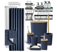 Shower Caddy and Bathroom Accessories Set with Bath Rugs, 27PC Bathroom Accessory Set with Shower Caddies Navy Bath Rugs, Shower Curtain Set, Toilet Brush, Trash Can, Soap Dispenser, Toothbrush holder
