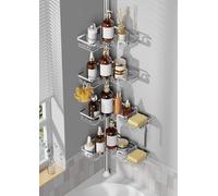 Shower Caddy Corner for Bathroom, Tension Pole, Adjustable 25in-114in Floor to Ceiling, Standing Shower Tension Rod Organizer, 4 Tier Storage Shelves with 2 Soap Holders/Hanging or Adhesive, Silver