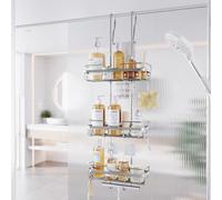 Shower Caddy Over the Door Organizer: Bath Rack Hanging Over Glass with Hooks - Storage Shelf Inside Bathroom for Shampoo