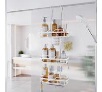 Shower Caddy Over the Door Organizer: Bath Rack Hanging Over Glass with Hooks - Storage Shelf Inside Bathroom for Shampoo - White