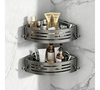 Shower Caddy Suction Corner Bathroom Suction Shelf Shelves No Drilling Tidy Aluminum Storage Gunmetal Gray Organiser Shampoo Soap Razor Holder Wall Mounted 2PC
