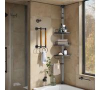 Shower Caddy, Telescopic Corner Shower Shelf for Bathroom, Stainless Steel, Metallic Silver and Ink Black