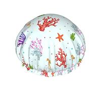 Shower Cap, Decorative Ocean Life Coral Reusable Bath Shower Caps For Women Long Hair, Double Layer Waterproof Bathing Shower Hat Hair Protector For Kids Girls Women, 1 Pack