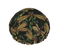 Shower Cap Dragonflies And Green Olive Branches Reusable Bath Cap Elastic Bathing Shower Hat Waterproof For Hair Caps Of All Hair Lengths