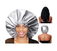 Shower Cap,Extra Large Triple Layer Bathing Cap with Dry Hair Function Terry Cloth Silky Satin 100% Waterproof, Middle Layer Water Insulation Exterior Gloss (Grey,5pcs)